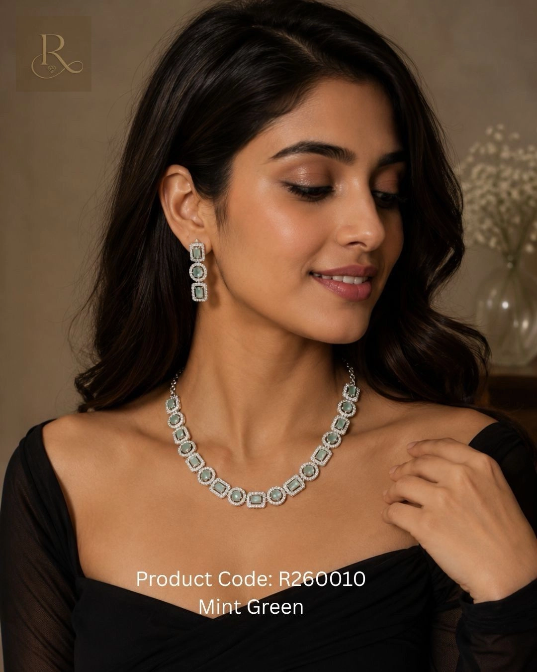 Mira- AD Stone Necklace Set w/ earrings- Mint Green 3