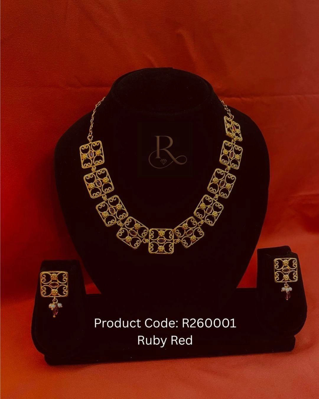 Rubielle Royale- 18K Gold-Plated Square Choker Necklace and Earrings- Ruby 1