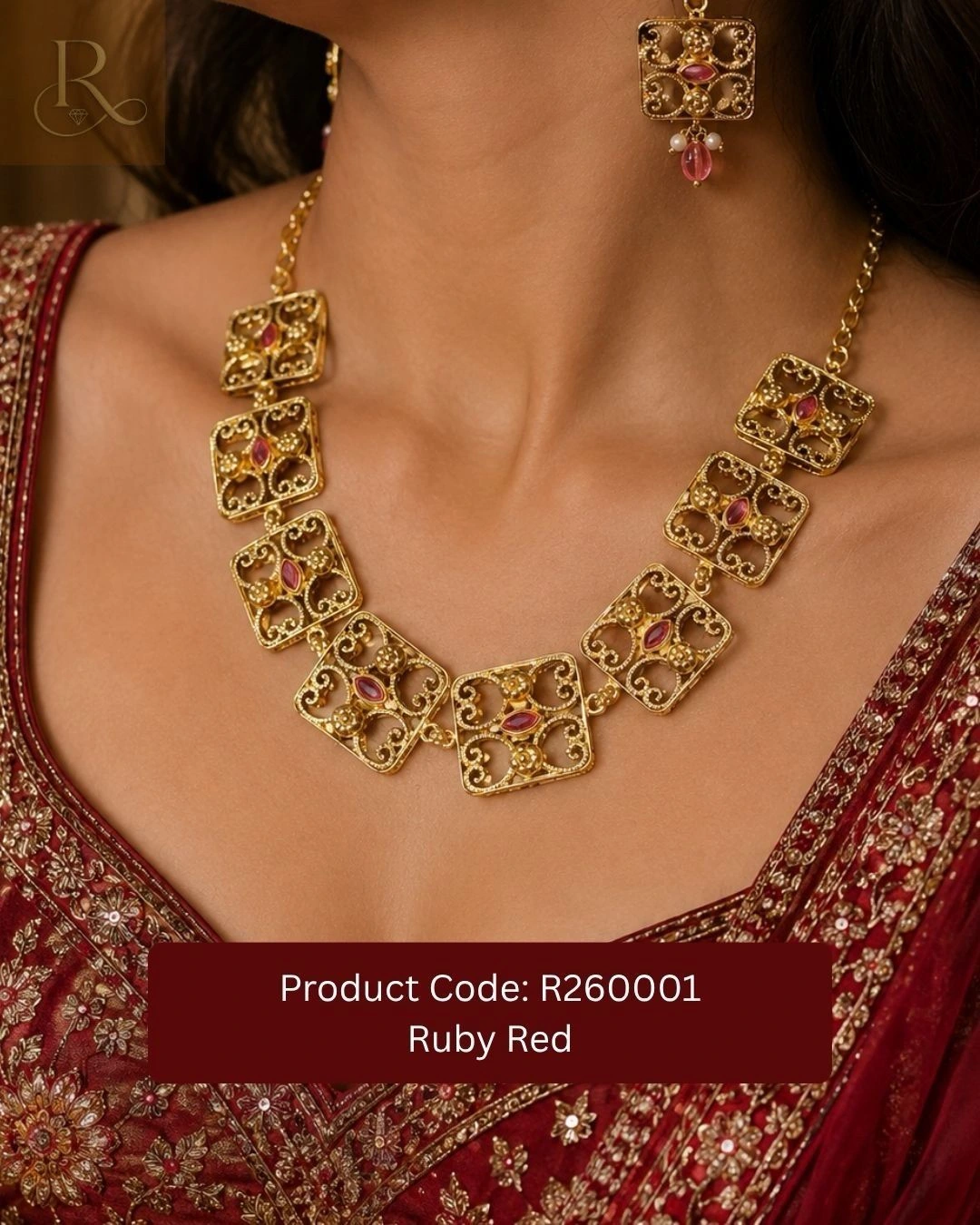 Rubielle Royale- 18K Gold-Plated Square Choker Necklace and Earrings- Ruby 2