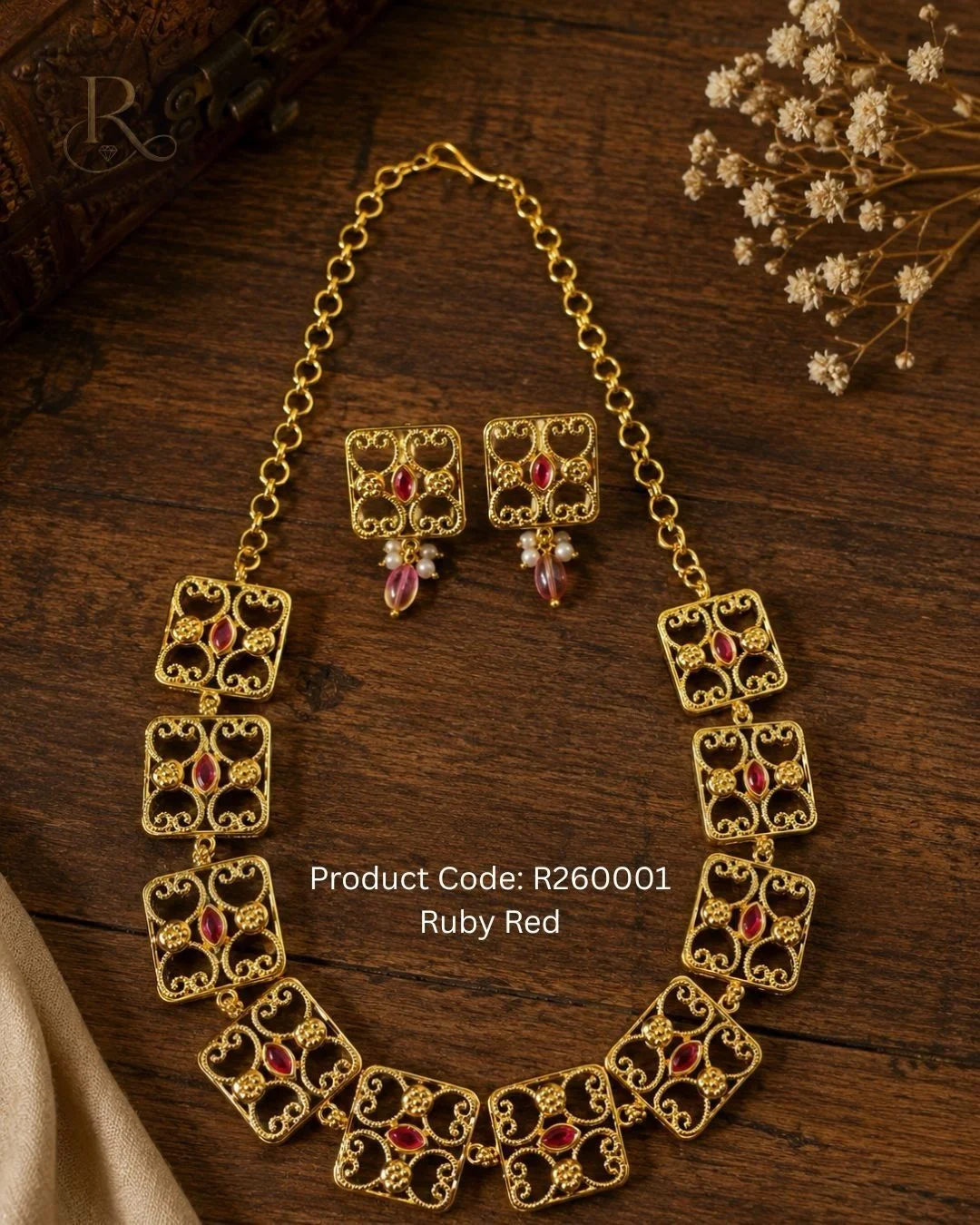 Rubielle Royale- 18K Gold-Plated Square Choker Necklace and Earrings- Ruby 3