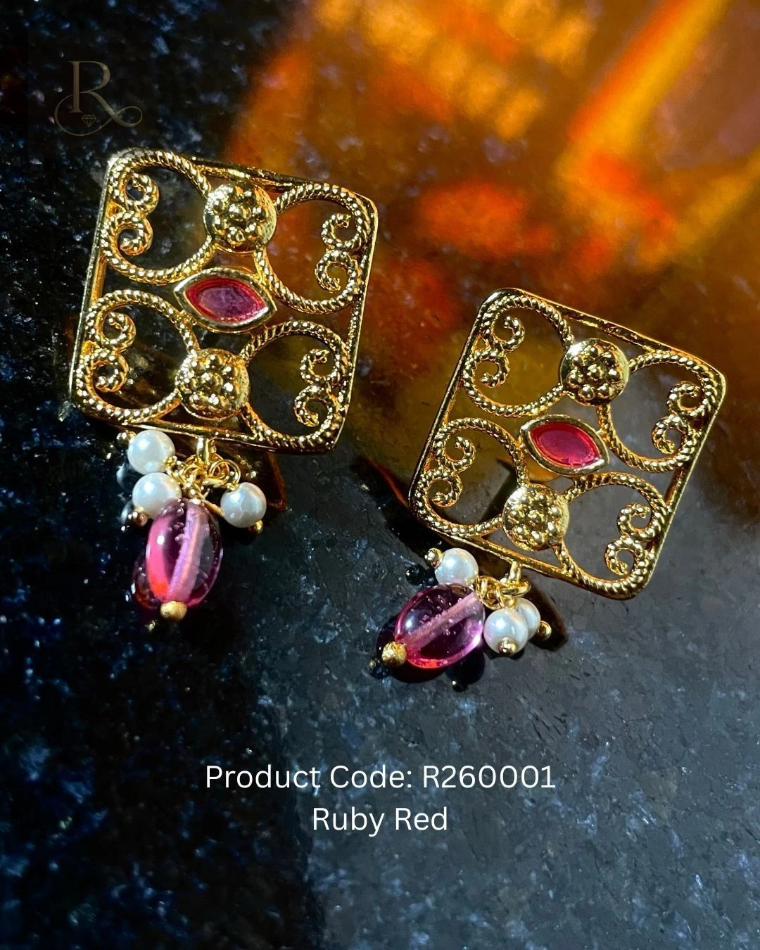 Rubielle Royale- 18K Gold-Plated Square Choker Necklace and Earrings- Ruby 4