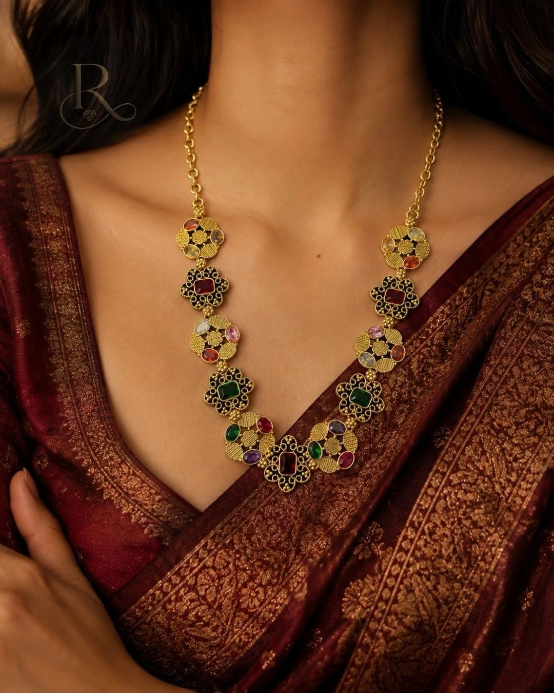 Rangoli Royale- 18K Gold Plated Navratna Bridal Choker Necklace 2