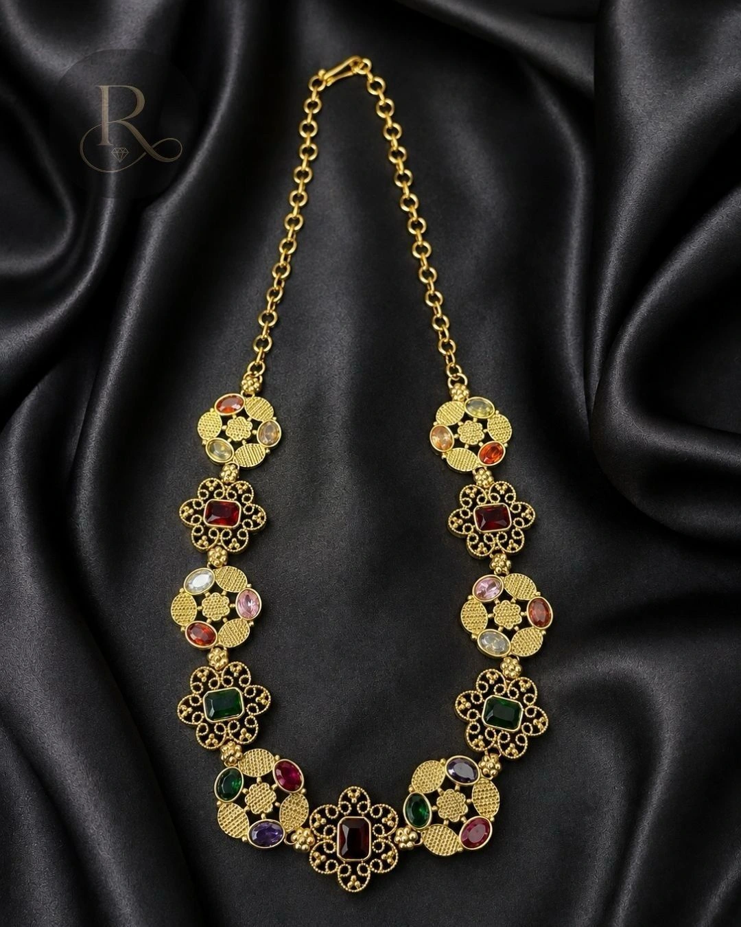Rangoli Royale- 18K Gold Plated Navratna Bridal Choker Necklace 3