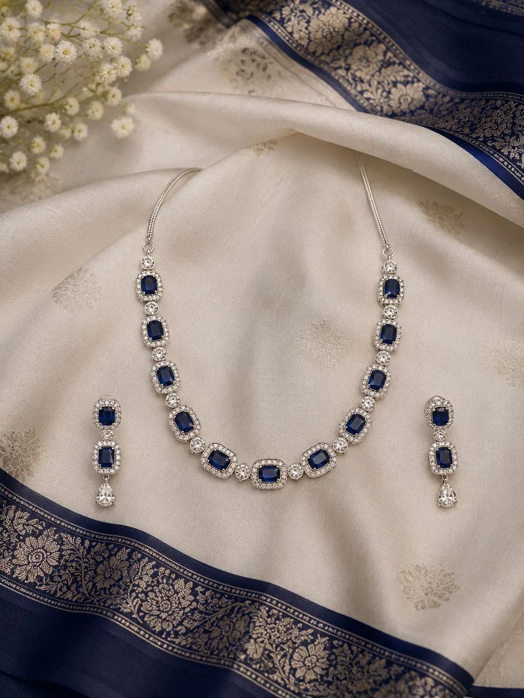 Neelam — AD Stone Necklace & Earring Set- Navy Blue 3