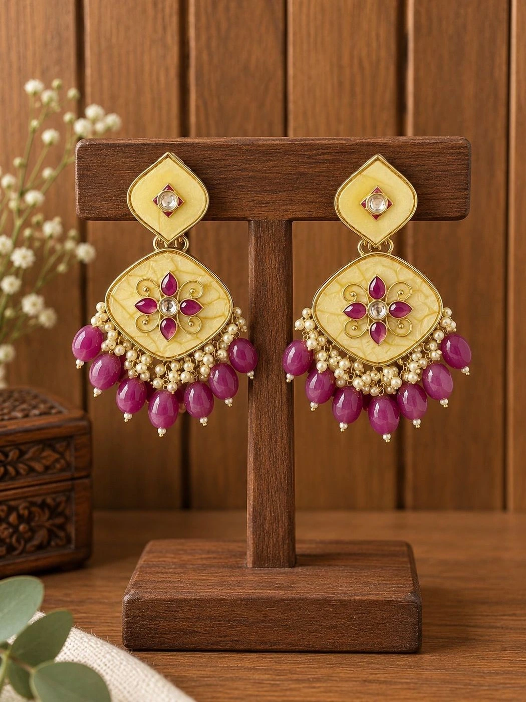Kundan-Style Chandelier Earrings- Magenta 1