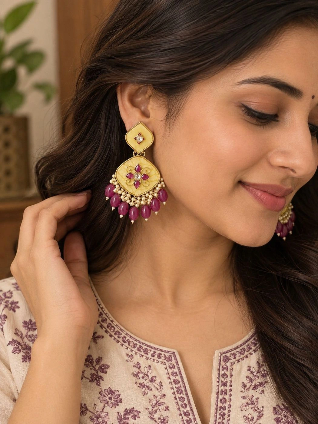 Kundan-Style Chandelier Earrings- Magenta 2