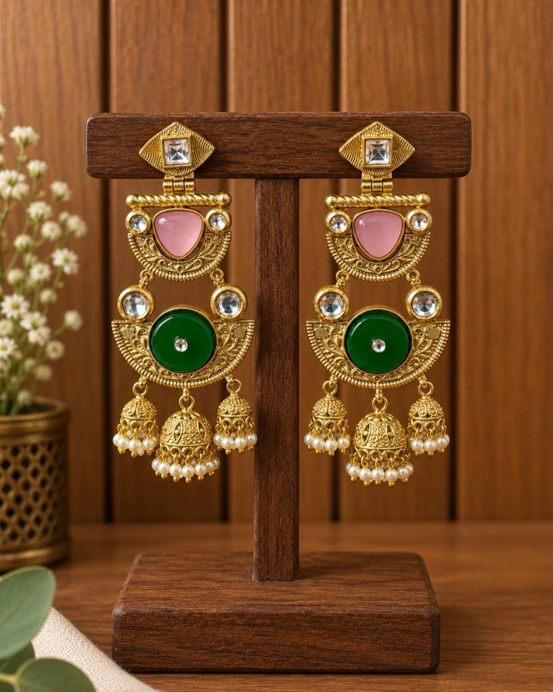 Rajwadi Jhumka- Traditional Gold Polish Jhumka- Baby PInk/Peacock Green 1
