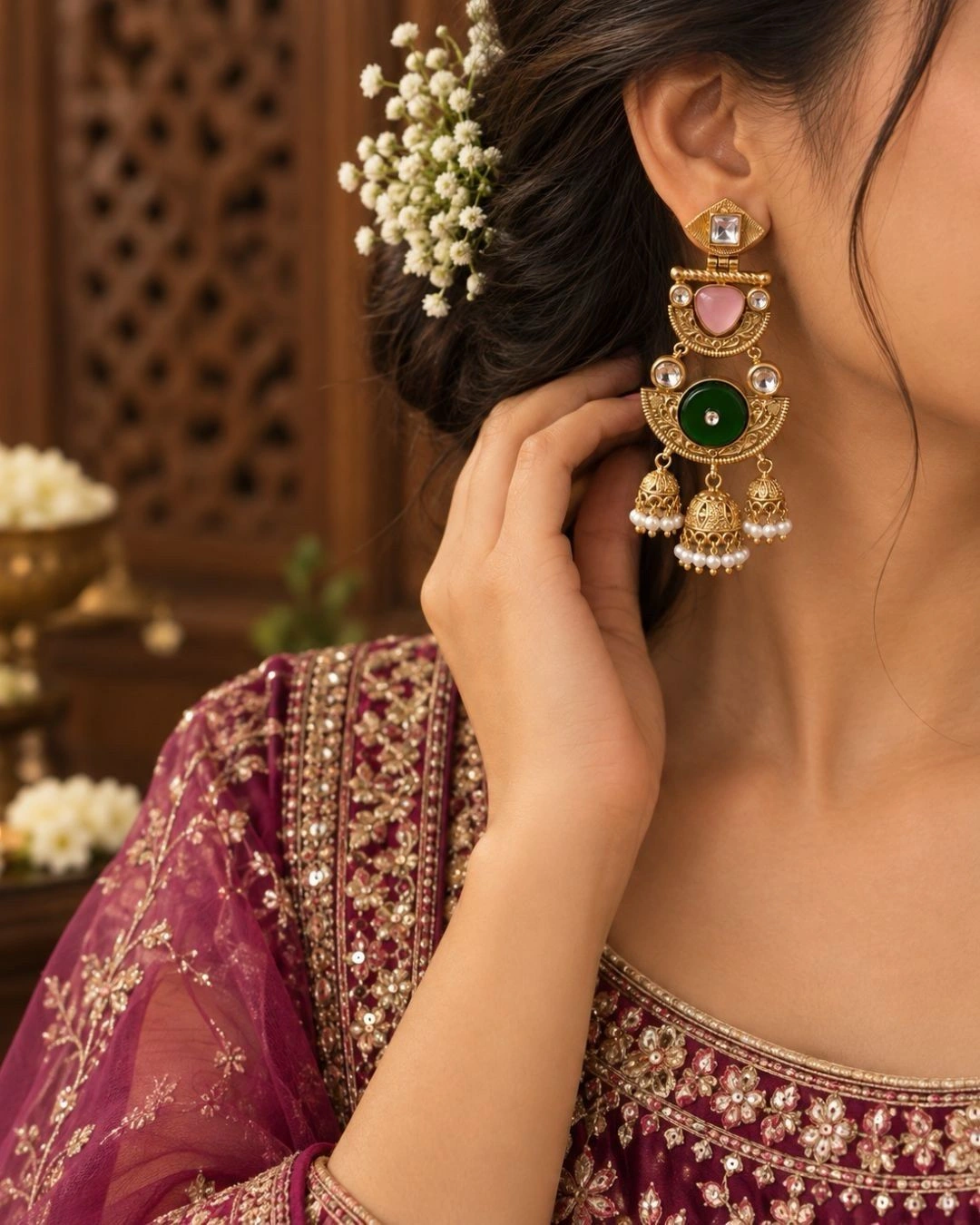 Rajwadi Jhumka- Traditional Gold Polish Jhumka- Baby PInk/Peacock Green 2