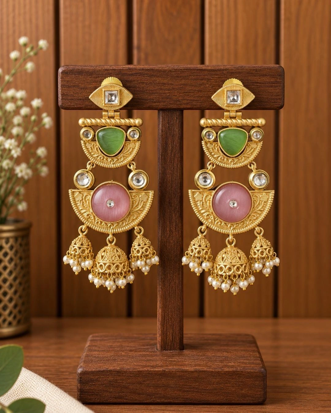 Rajwadi Jhumka- Traditional Gold Polish Jhumka- Light Green/Baby Pink 1