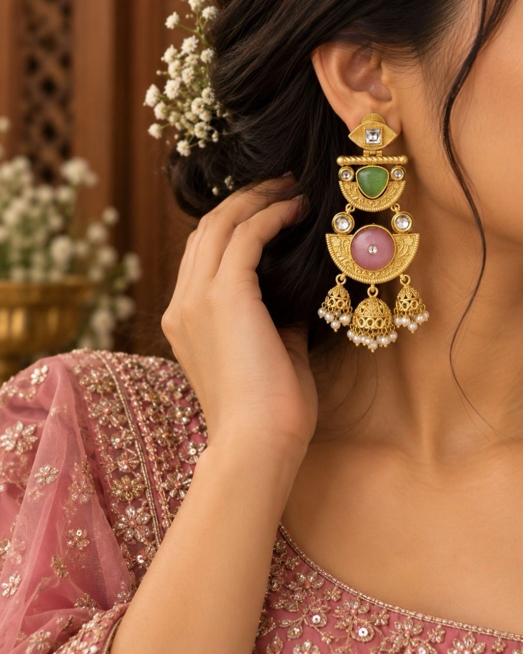 Rajwadi Jhumka- Traditional Gold Polish Jhumka- Light Green/Baby Pink 2