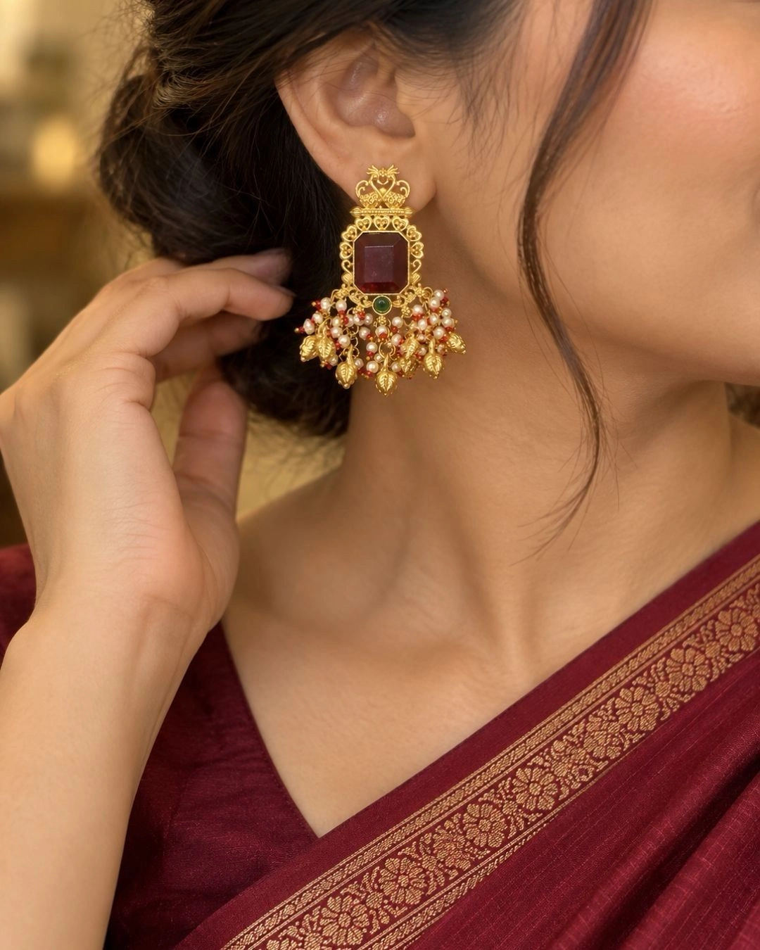 Jhumka Maroon- Gold Danglers- Maroon 2