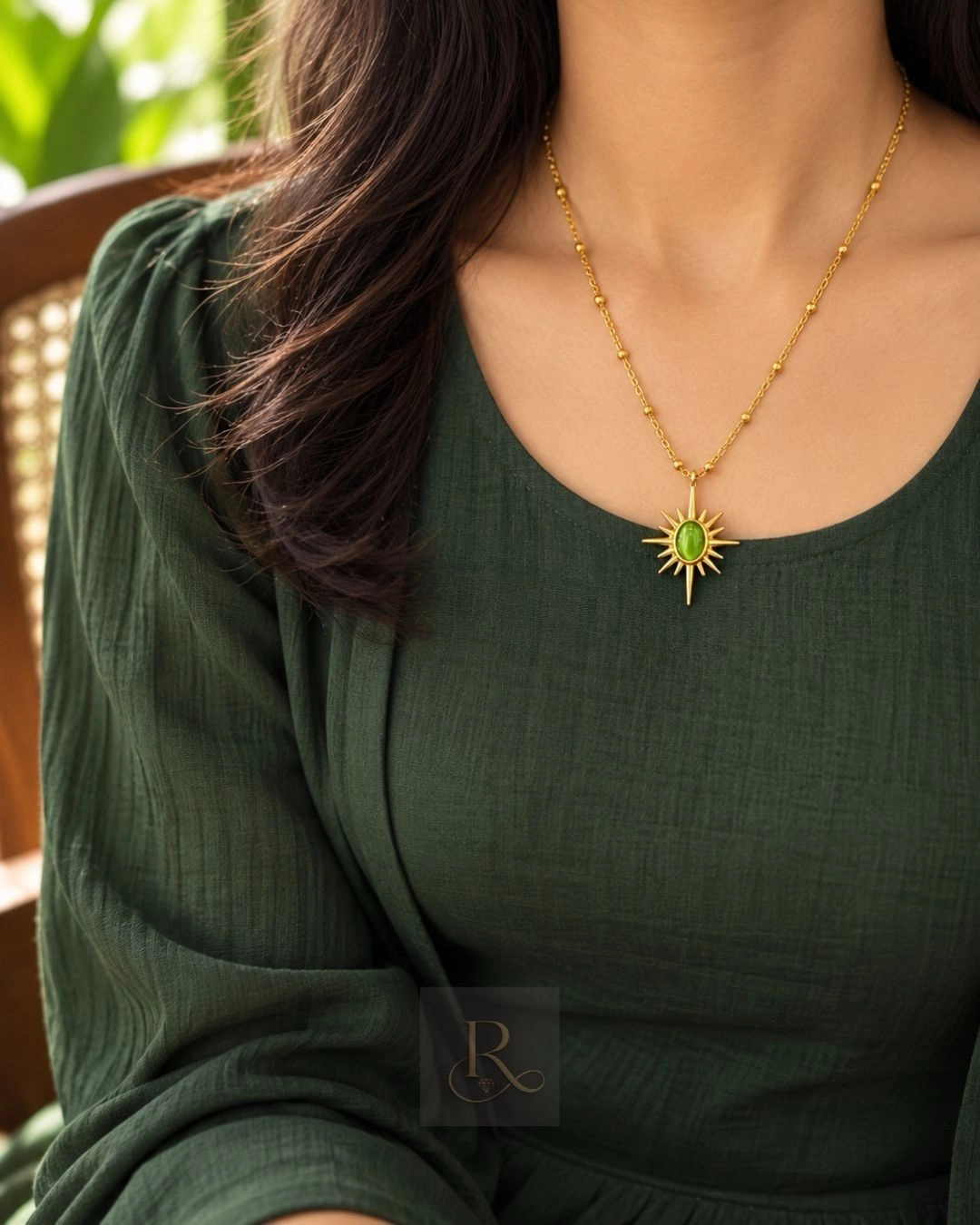 Green Sunburst- Anti-Tarnish 316L Stainless Steel Pendant Chain 3