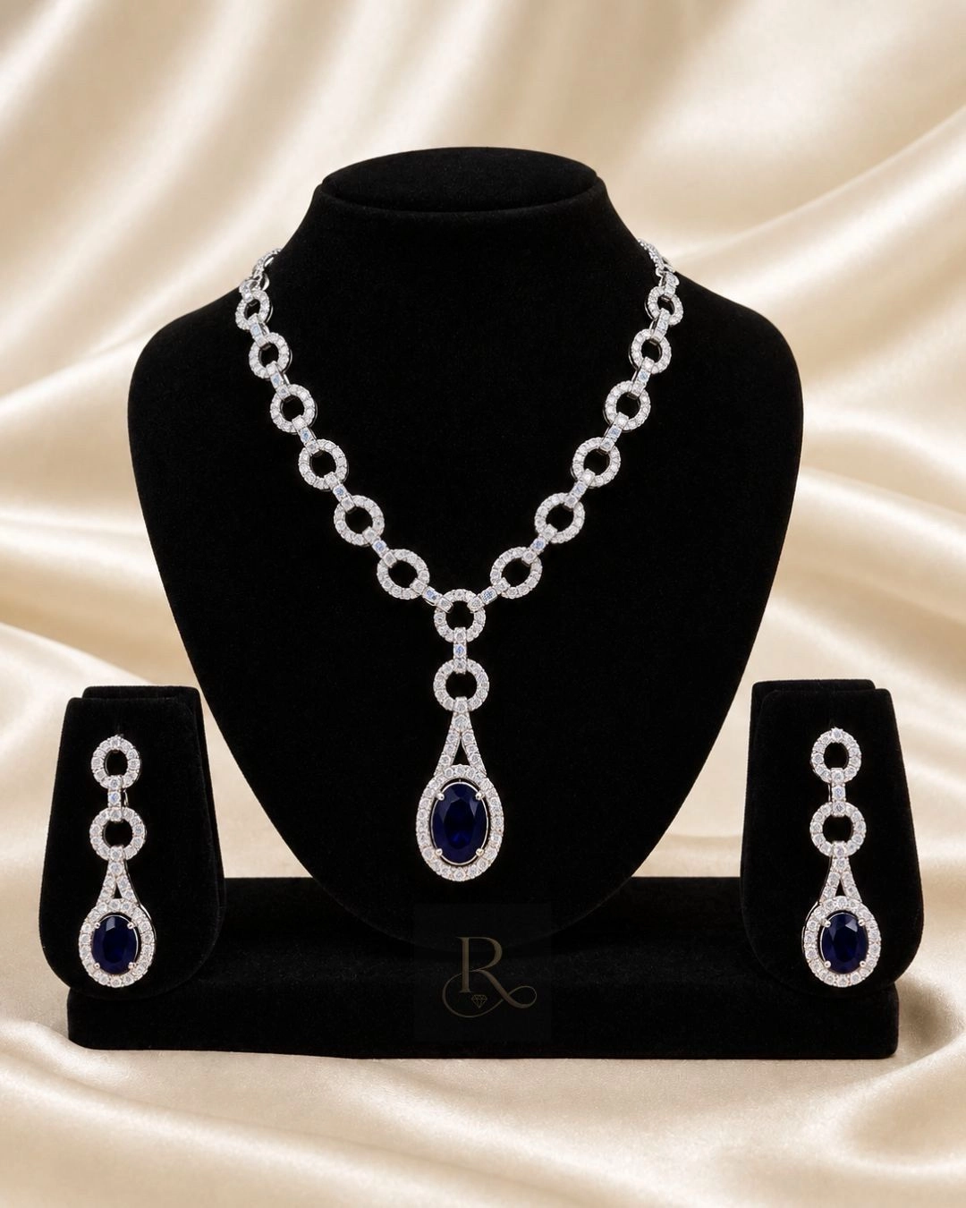 Royale Élan - AD Stone Necklace with Earrings- Navy Blue 1