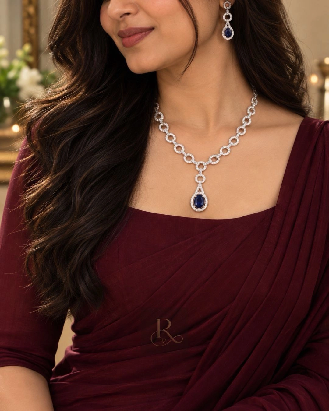 Royale Élan - AD Stone Necklace with Earrings- Navy Blue 2