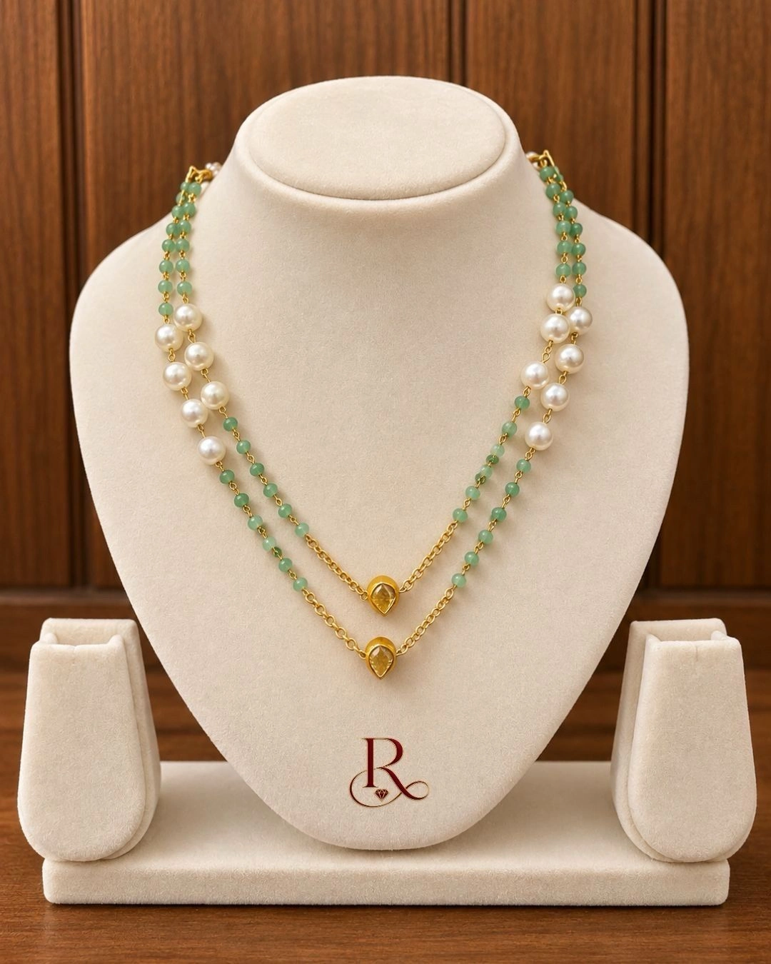 Emerald Grace- Antique Gold Green & White Bead Necklace 1