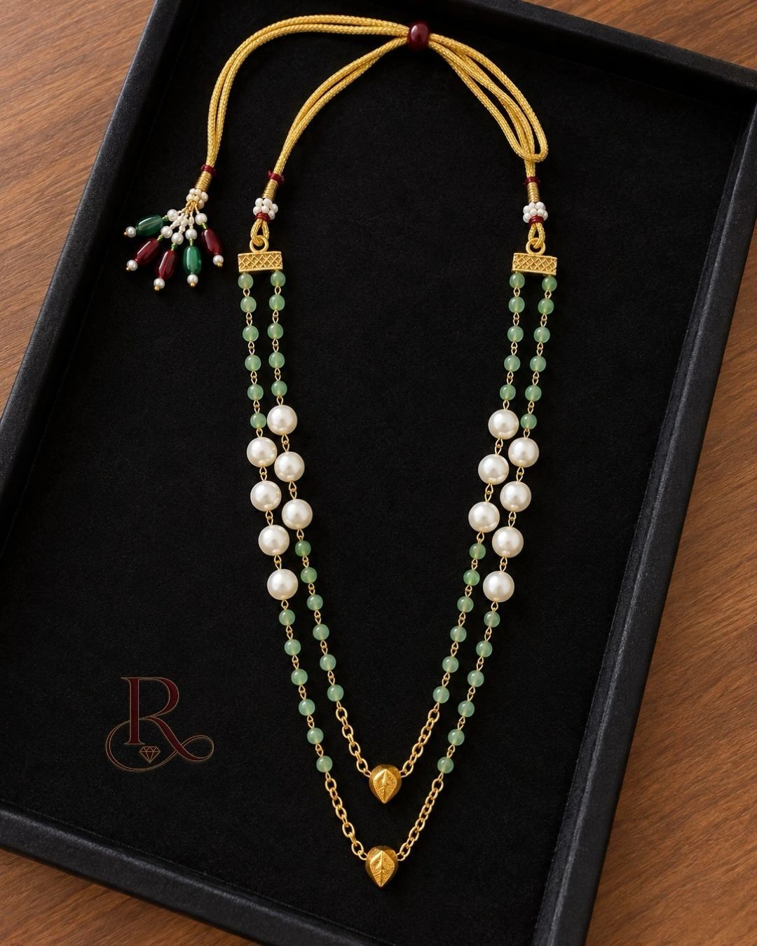 Emerald Grace- Antique Gold Green & White Bead Necklace 2