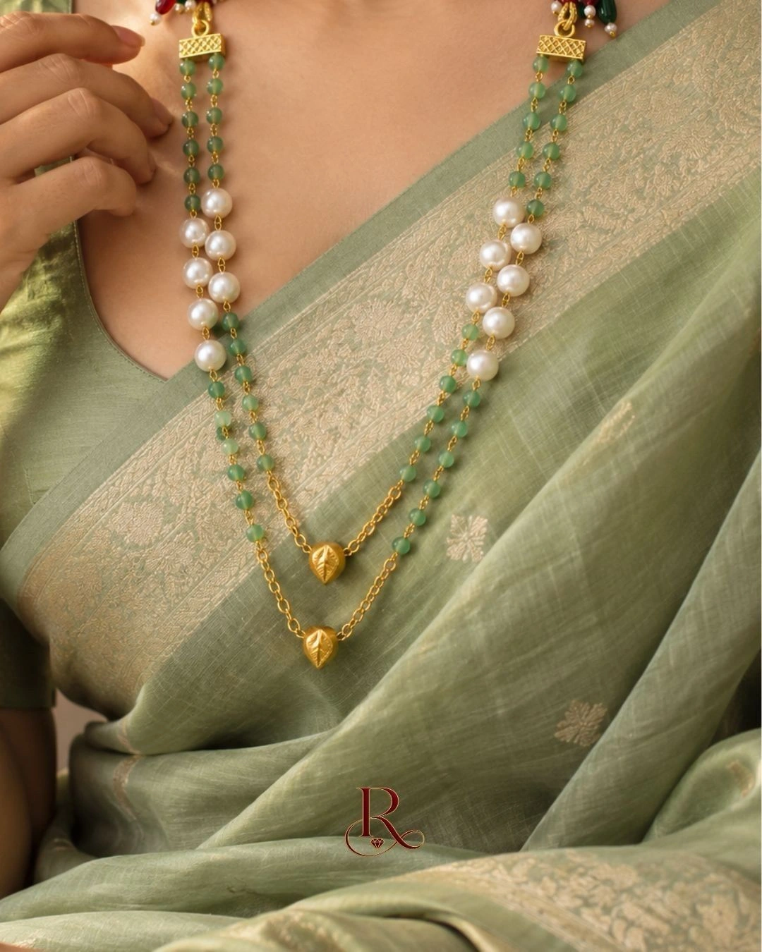 Emerald Grace- Antique Gold Green & White Bead Necklace 3