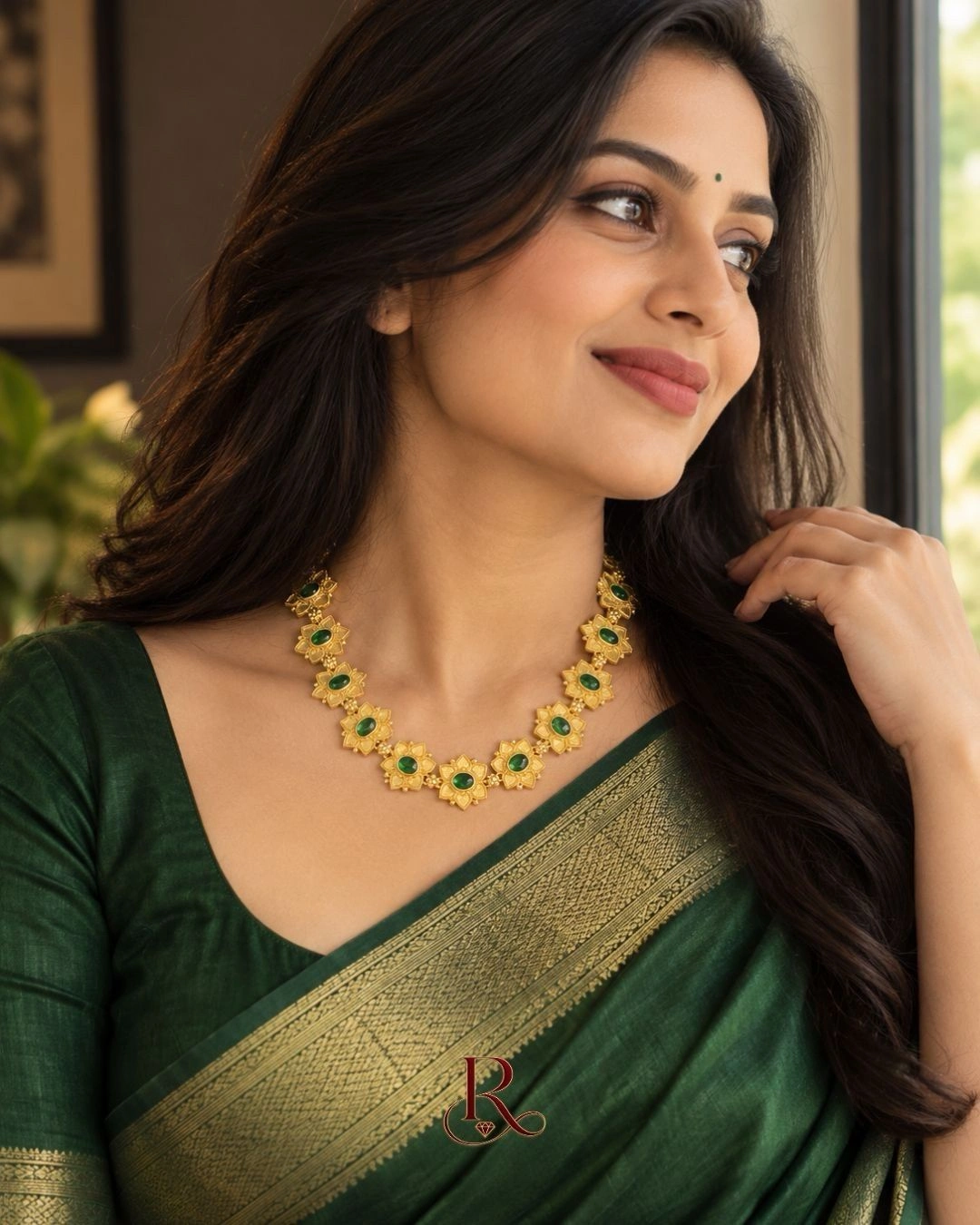 Rêve Royale Floral Kemp Necklace- 18K Gold Plated Floral Motif Kemp Stone Choker Necklace-Emerald Green 4