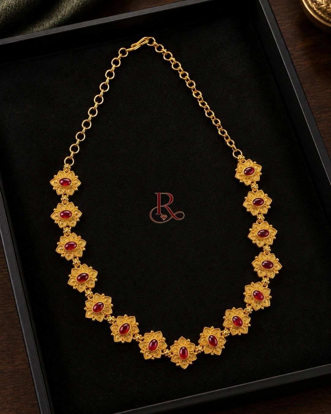 Rêve Royale Floral Kemp Necklace- 18K Gold Plated Floral Motif Kemp Stone Choker Necklace-Ruby Red 2