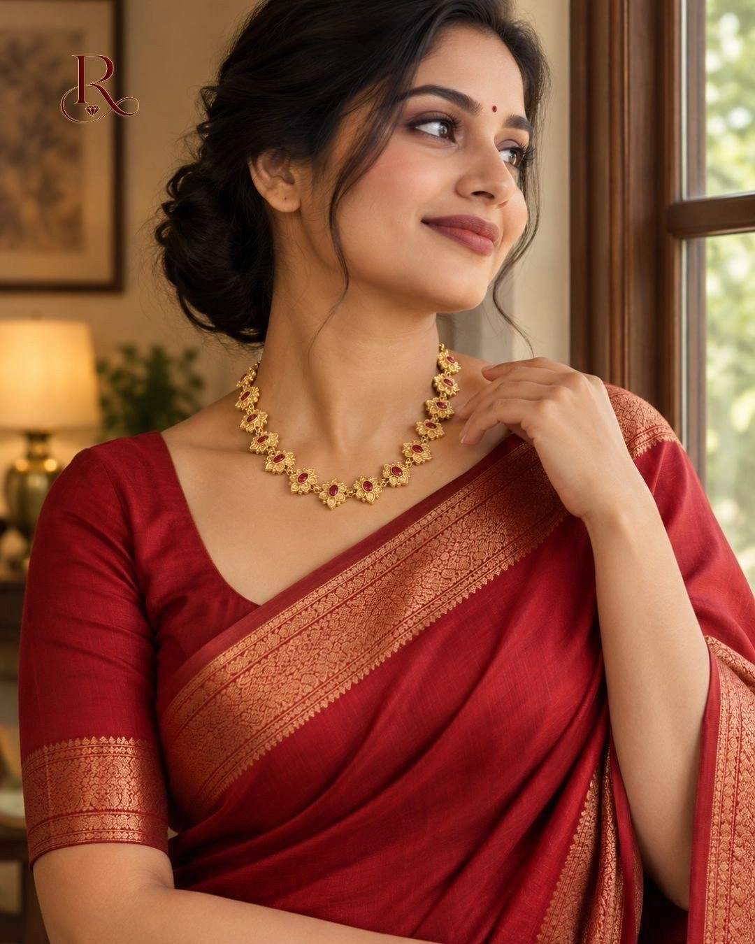 Rêve Royale Floral Kemp Necklace- 18K Gold Plated Floral Motif Kemp Stone Choker Necklace-Ruby Red 3