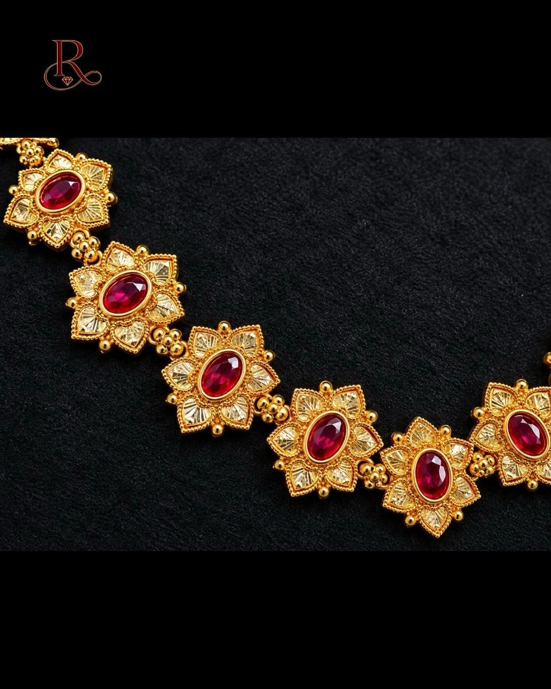 Rêve Royale Floral Kemp Necklace- 18K Gold Plated Floral Motif Kemp Stone Choker Necklace-Ruby Red 4