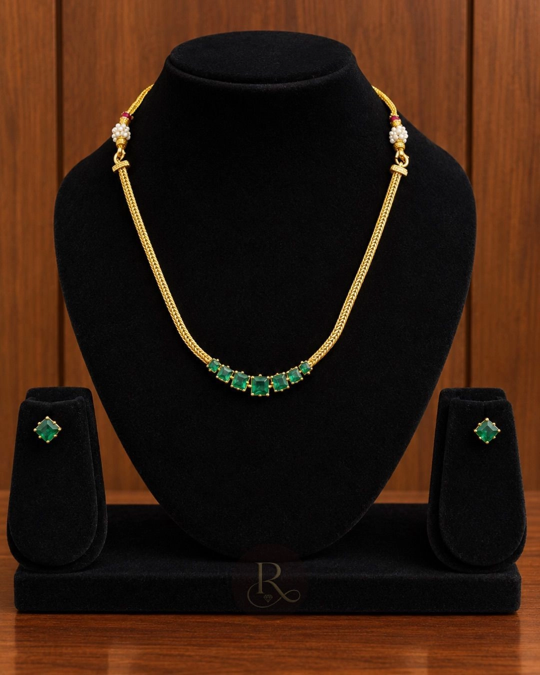 American Diamond Gold Finish Choker Set for Kids- Emerald 1