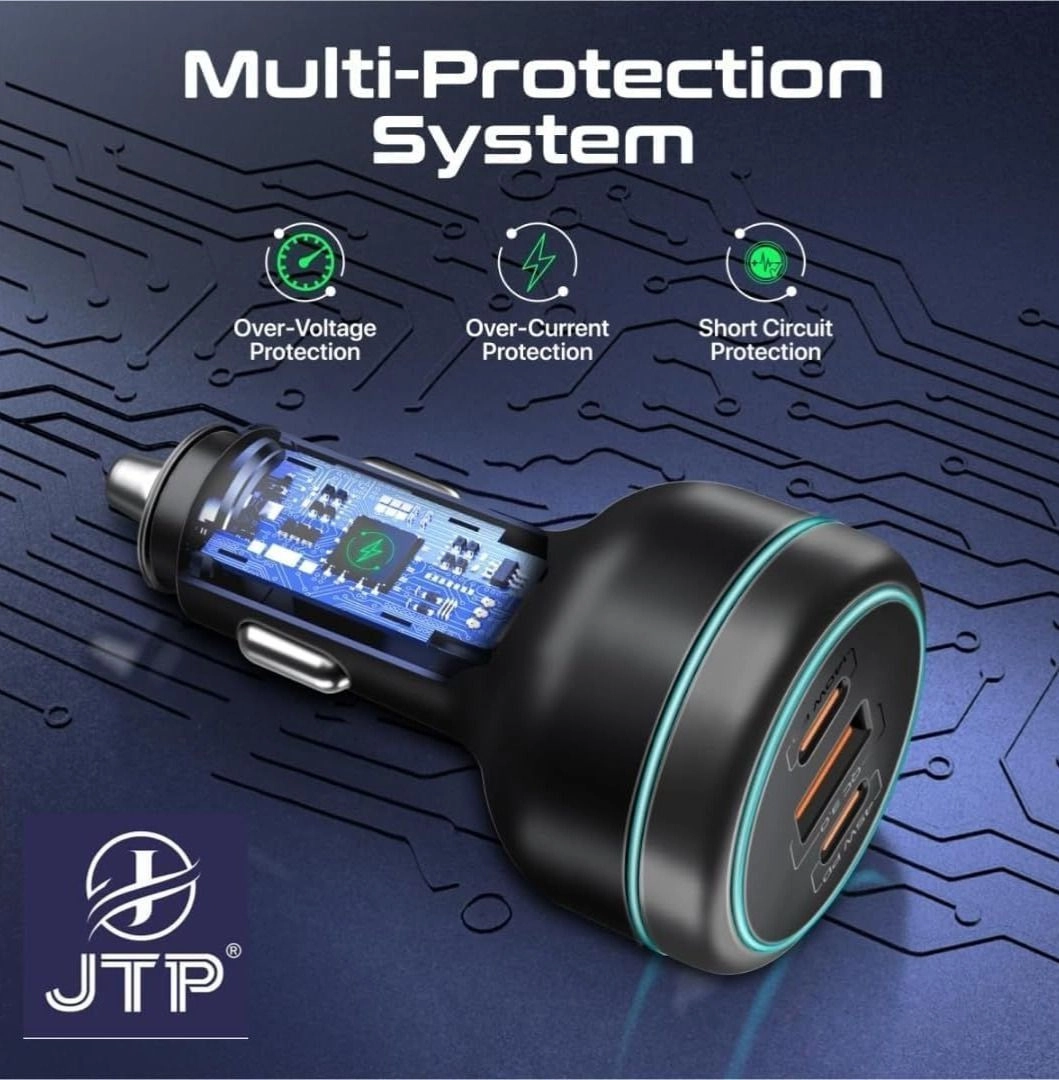 JTPJTP Car Charger 230W Power Delivery, Rapid Charger with Dual USB-C Port 140W / 45W, and USB-A 3.0-45W, 1