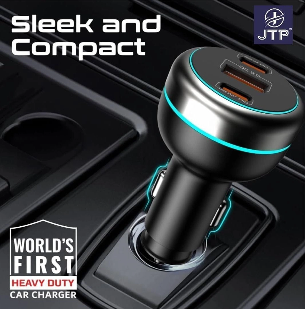 JTPJTP Car Charger 230W Power Delivery, Rapid Charger with Dual USB-C Port 140W / 45W, and USB-A 3.0-45W, 2