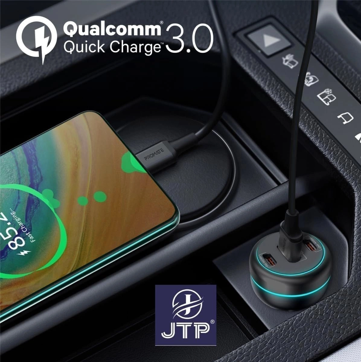 JTPJTP Car Charger 230W Power Delivery, Rapid Charger with Dual USB-C Port 140W / 45W, and USB-A 3.0-45W, 3