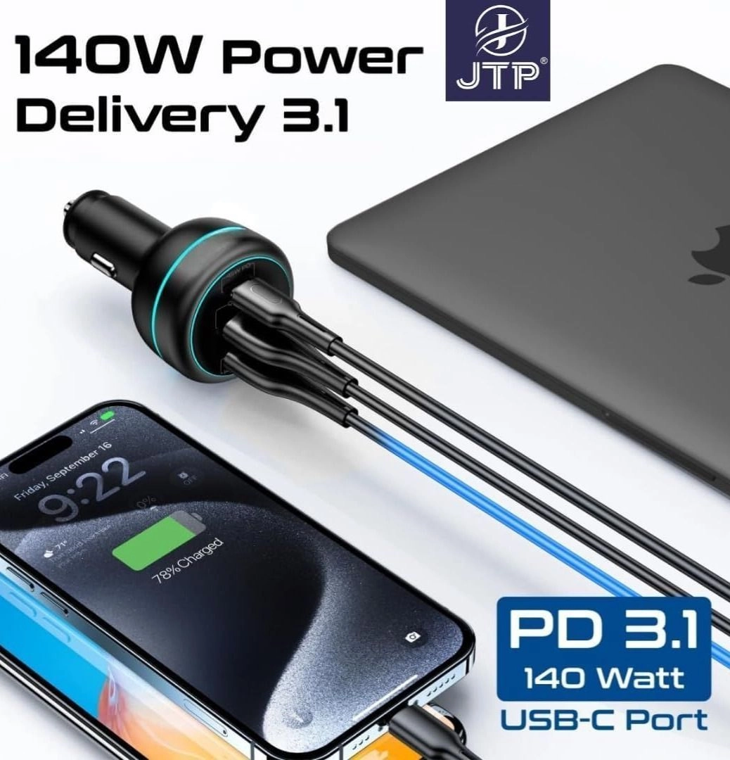 JTPJTP Car Charger 230W Power Delivery, Rapid Charger with Dual USB-C Port 140W / 45W, and USB-A 3.0-45W, 4