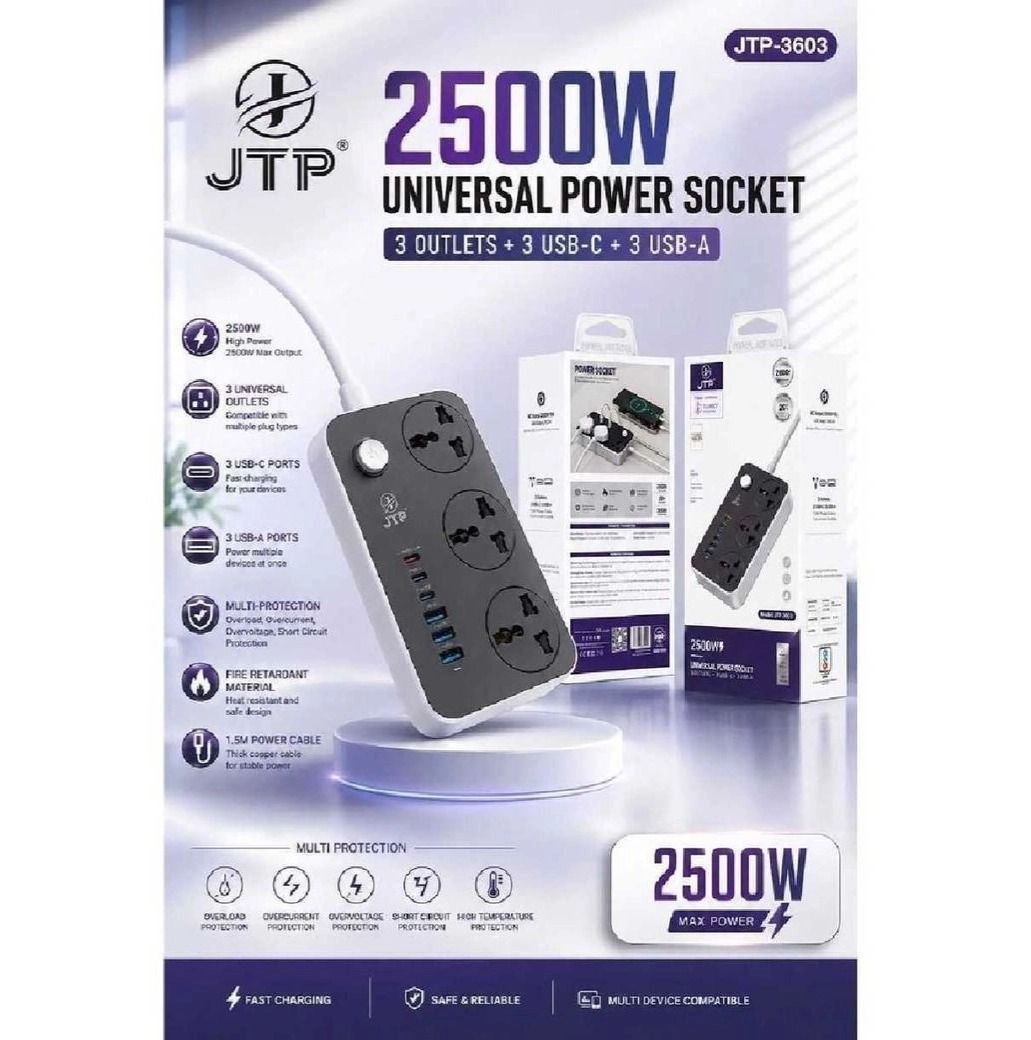 UNIVERSAL POWER SOCKETJTP JTP-3603 2500W Universal Power SOCKET - 3 OUTLETS + 3 USB-C + 3 USB-A
