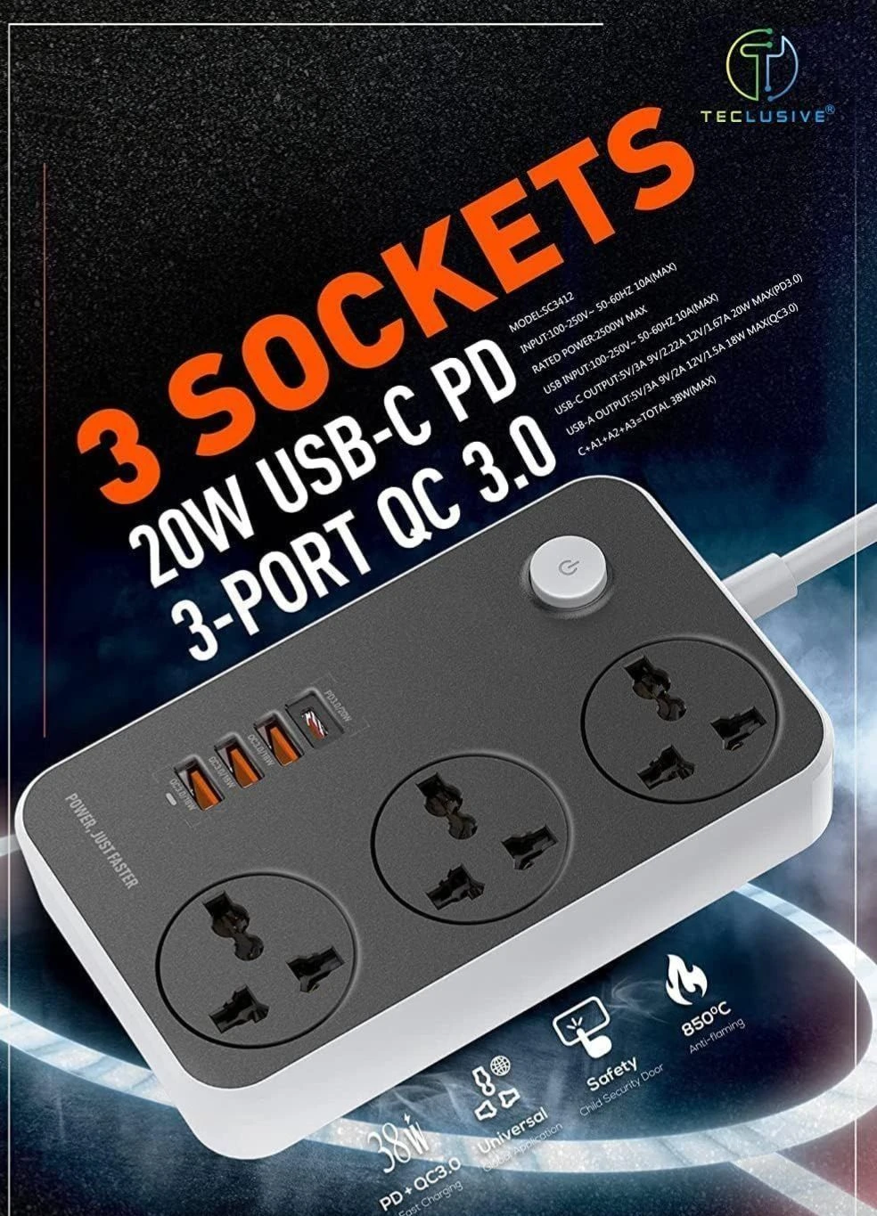UNIVERSAL POWER SOCKETJTP JTP-3603 2500W Universal Power SOCKET - 3 OUTLETS + 3 USB-C + 3 USB-A 3