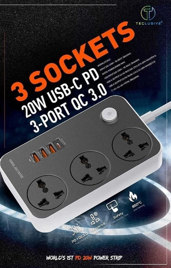 UNIVERSAL POWER SOCKETJTP JTP-3603 2500W Universal Power SOCKET - 3 OUTLETS + 3 USB-C + 3 USB-A 4