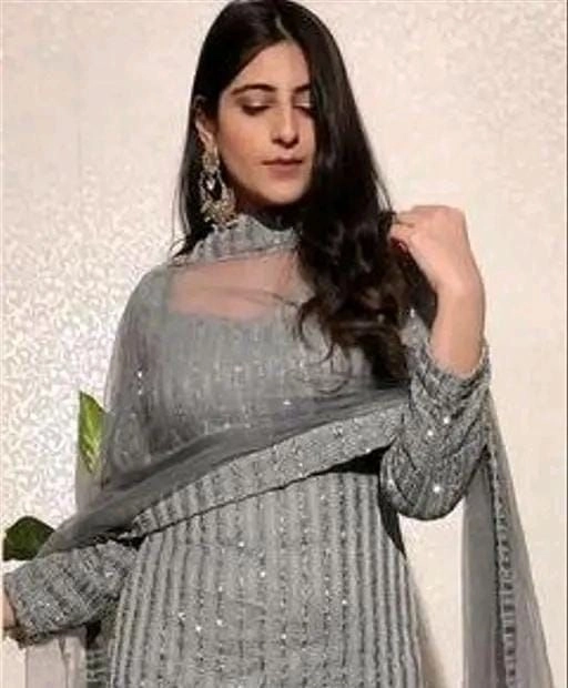 Grey Georgette Sequin Embellished Sharara Suit with Net Dupatta