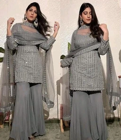 Grey Georgette Sequin Embellished Sharara Suit with Net Dupatta