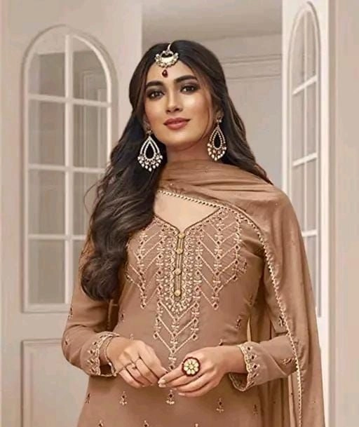 Elegant Dusty Peach/Beige Embroidered Georgette Suit Set with Dupatta