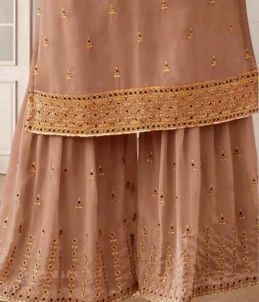 Elegant Dusty Peach/Beige Embroidered Georgette Suit Set with Dupatta