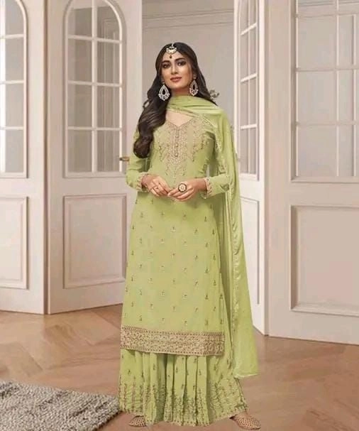 Elegant Dusty Peach/Beige Embroidered Georgette Suit Set with Dupatta 7