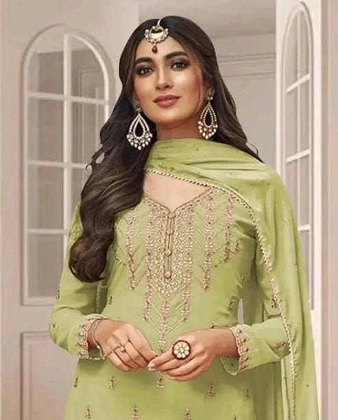 Elegant Dusty Peach/Beige Embroidered Georgette Suit Set with Dupatta 8