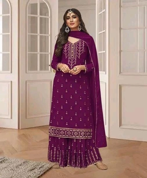 Elegant Dusty Peach/Beige Embroidered Georgette Suit Set with Dupatta 9