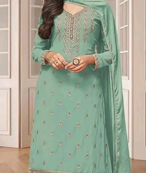 Elegant Dusty Peach/Beige Embroidered Georgette Suit Set with Dupatta 11
