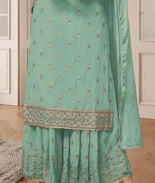 Elegant Dusty Peach/Beige Embroidered Georgette Suit Set with Dupatta 12