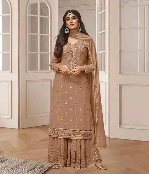 Elegant Dusty Peach/Beige Embroidered Georgette Suit Set with Dupatta 13