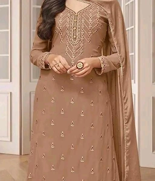 Elegant Dusty Peach/Beige Embroidered Georgette Suit Set with Dupatta 14