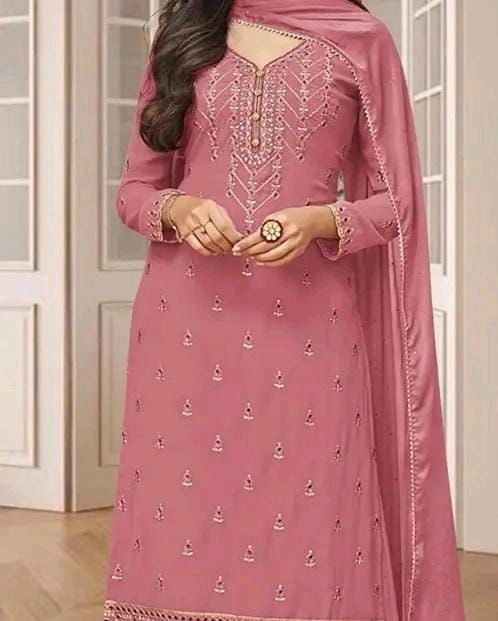 Elegant Dusty Peach/Beige Embroidered Georgette Suit Set with Dupatta 15