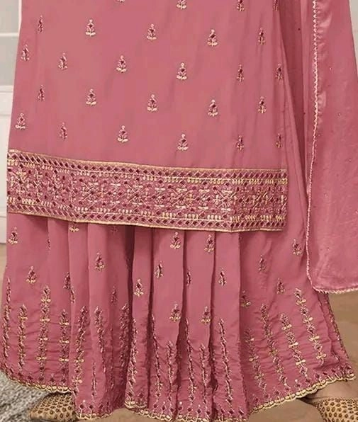 Elegant Dusty Peach/Beige Embroidered Georgette Suit Set with Dupatta 16