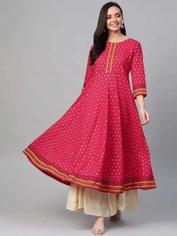 Women’s Floral Printed Straight Kurta | Pink Round Neck| Ethnic Kurti 1