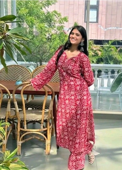 Women’s Red Floral Printed A-Line Kurta Set with Palazzos | Cotton Blend | V-Neck | Daily Wear 1