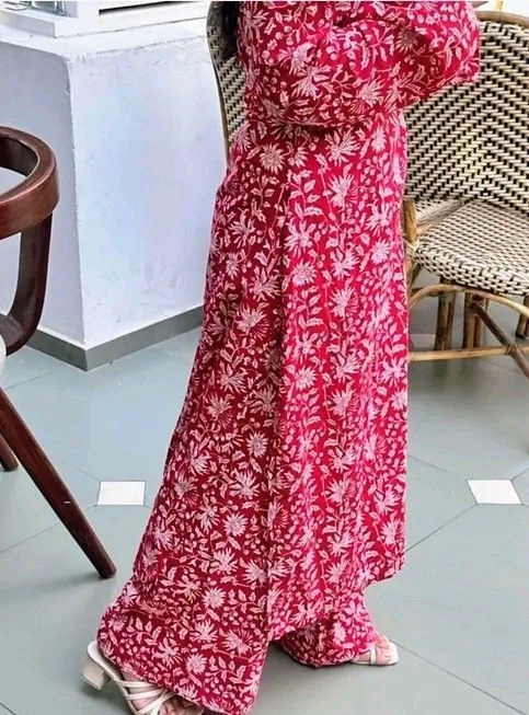 Women’s Red Floral Printed A-Line Kurta Set with Palazzos | Cotton Blend | V-Neck | Daily Wear 2