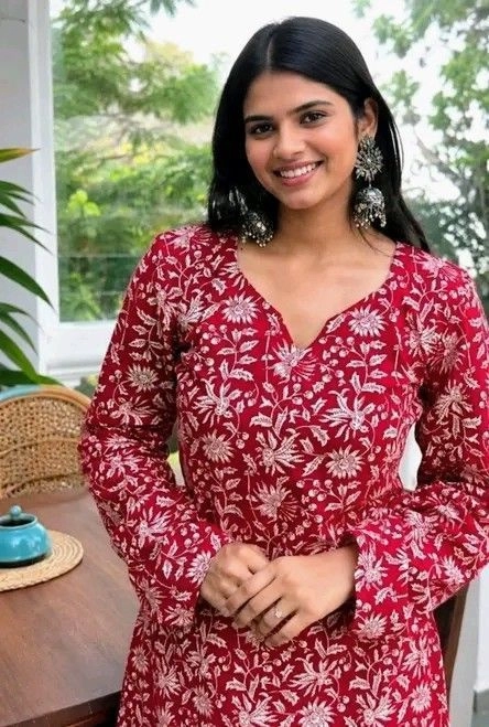Women’s Red Floral Printed A-Line Kurta Set with Palazzos | Cotton Blend | V-Neck | Daily Wear 3